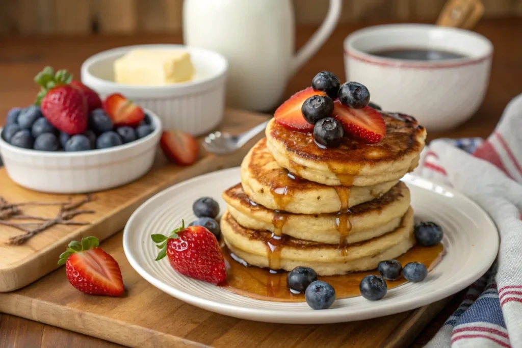 A stack of golden mini pancakes with syrup, butter, and berries in a cozy kitchen setting.