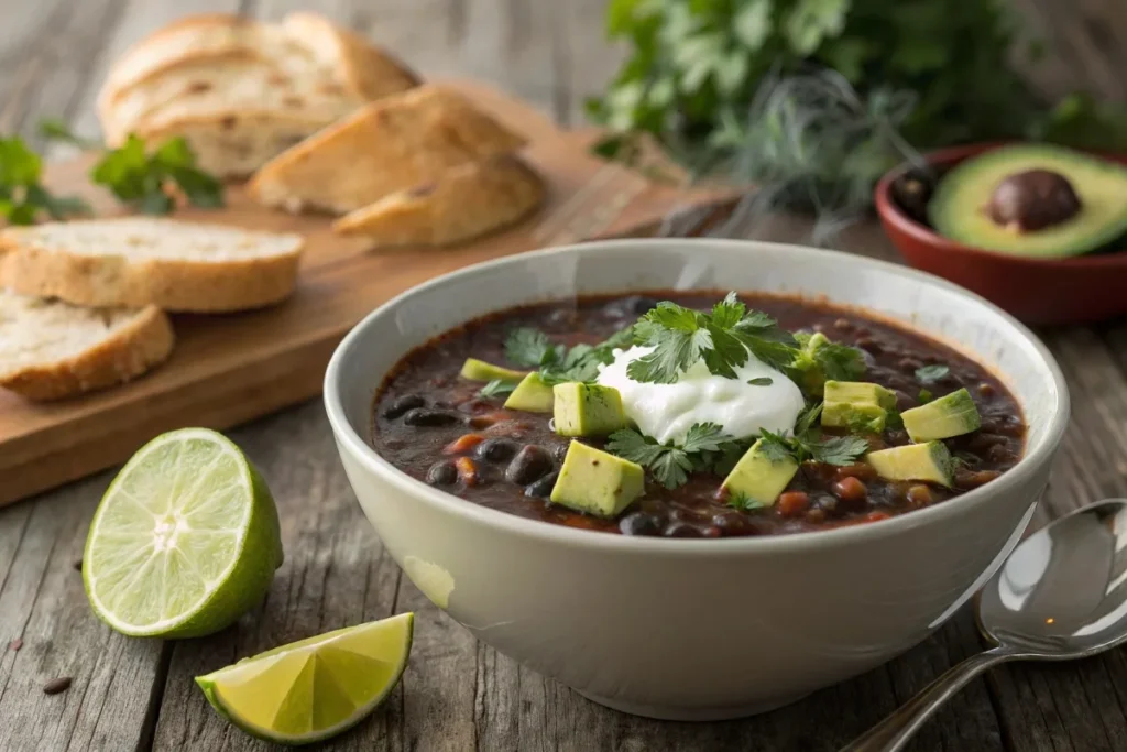 A bowl of black bean soup garnished with cilantro, avocado, and sour cream, served with lime wedges and bread.