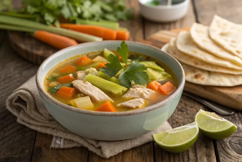 Steaming bowl of caldo de pollo with chicken, vegetables, and fresh cilantro on a wooden table.