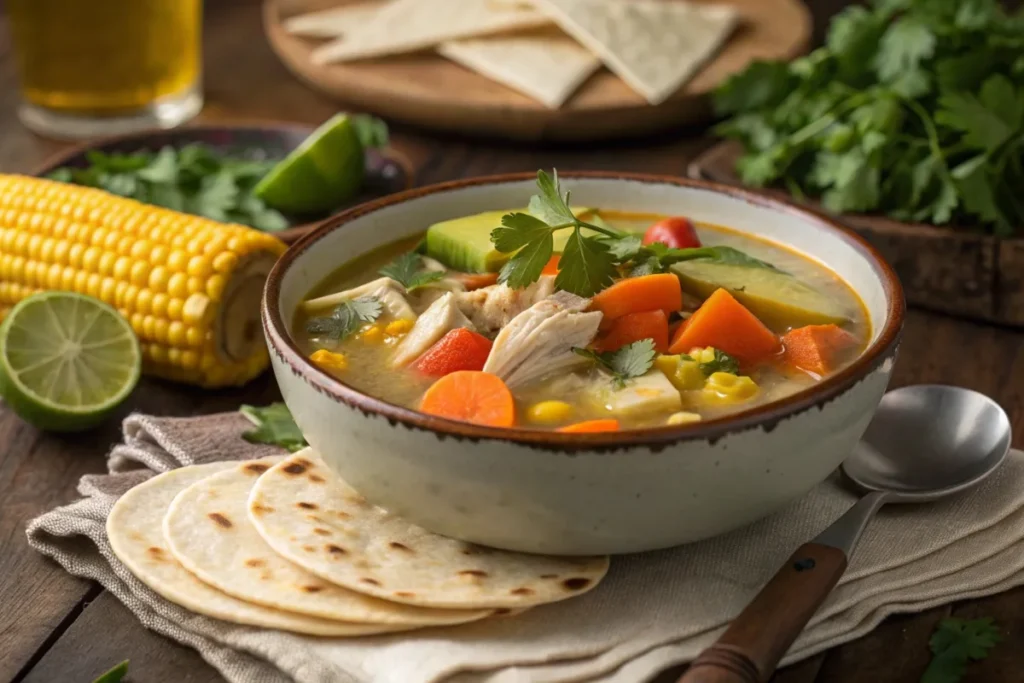 A steaming bowl of caldo de pollo with fresh vegetables and garnishes.