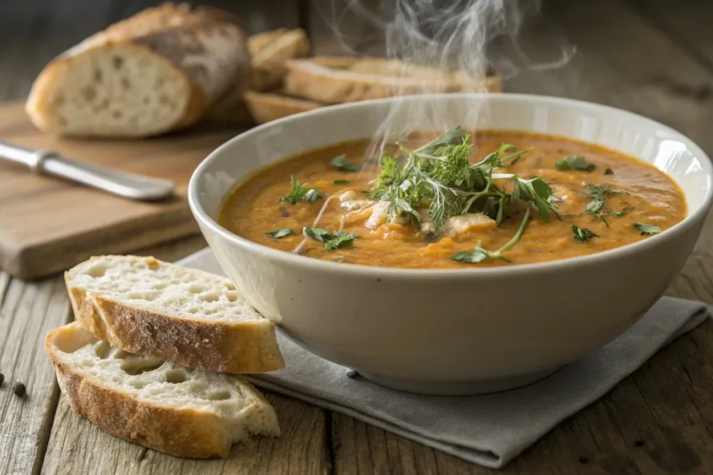 Steaming bowl of thick and creamy soup garnished with fresh herbs and served with crusty bread.