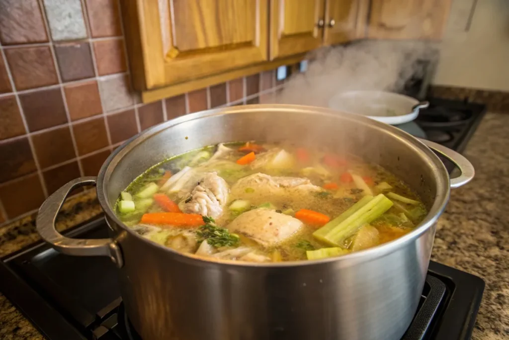 Simmering pot of caldo de pollo with chicken, vegetables, and golden broth.