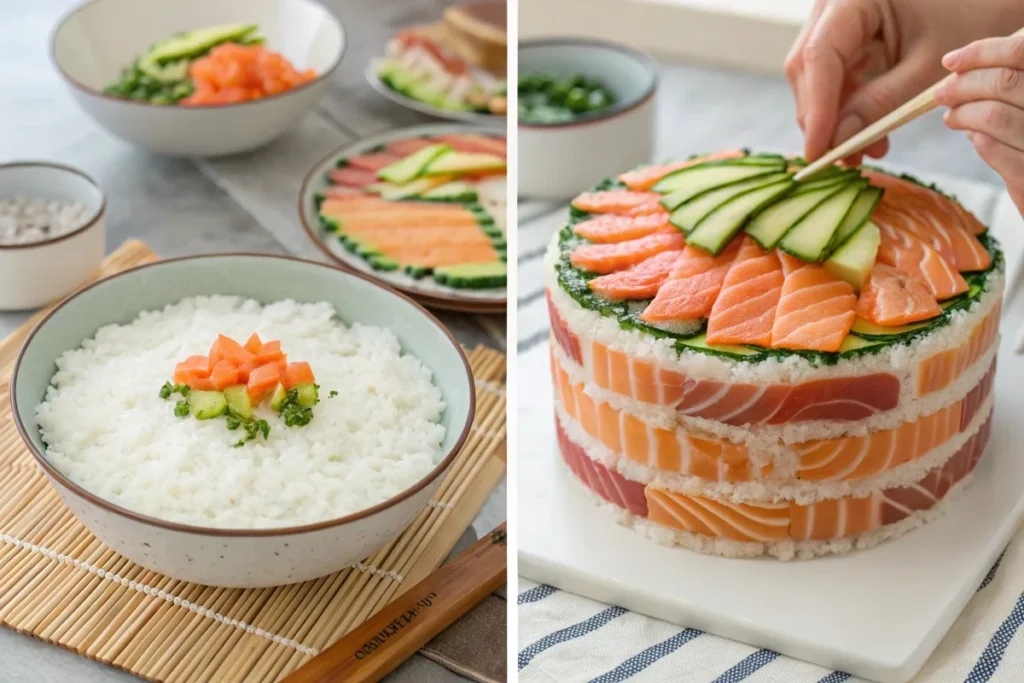 A step-by-step guide to making a sushi cake, from layering ingredients to the final decorated dish.