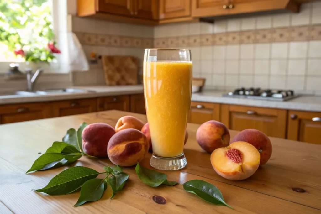 Freshly squeezed peach juice in a glass surrounded by ripe peaches on a wooden table.