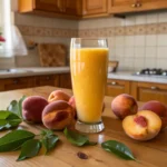 Freshly squeezed peach juice in a glass surrounded by ripe peaches on a wooden table.