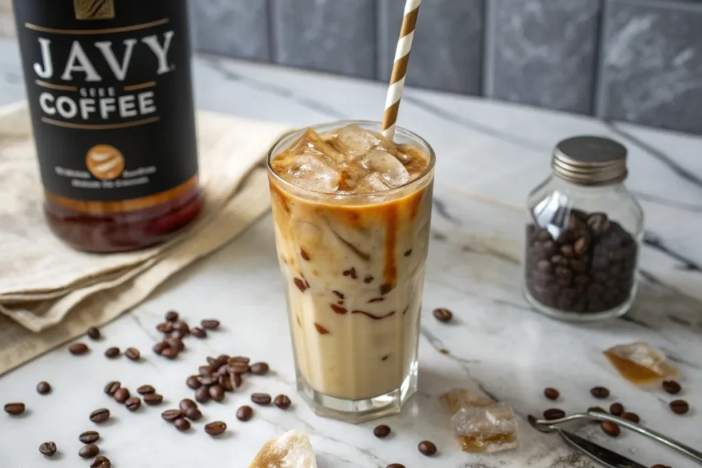 A glass of iced Javy Coffee with milk, caramel drizzle, and a reusable straw on a marble counter.