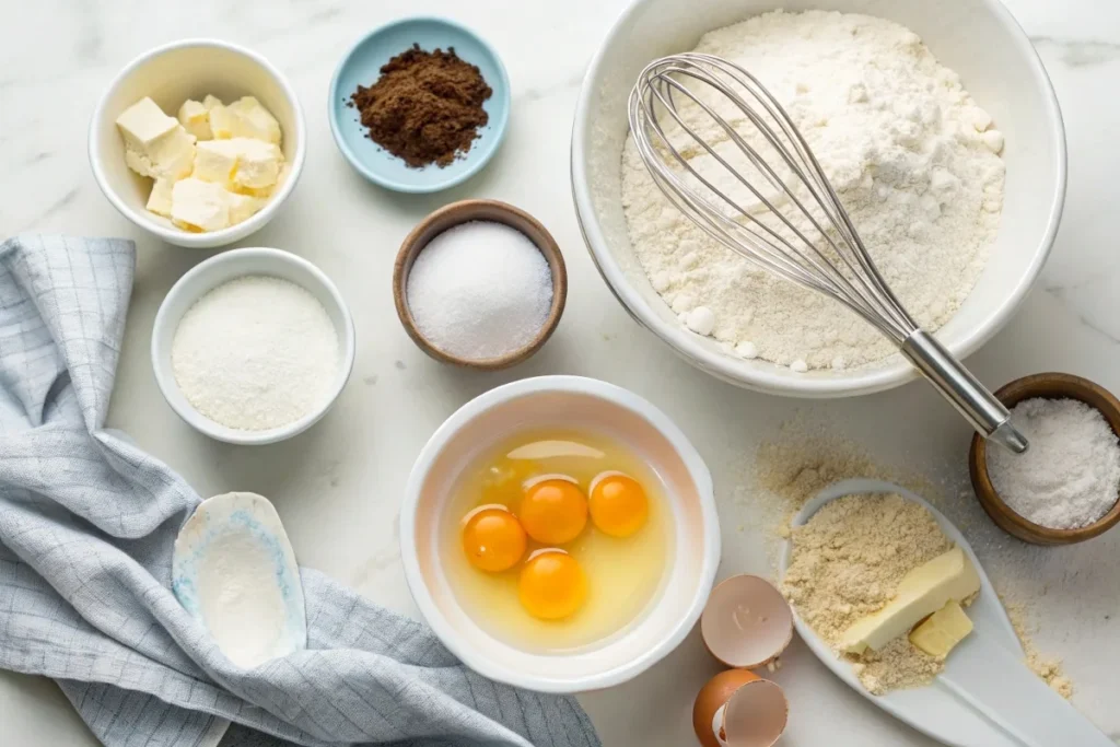 Ingredients for kefir sheet cake, including flour, eggs, sugar, and kefir, ready for mixing.