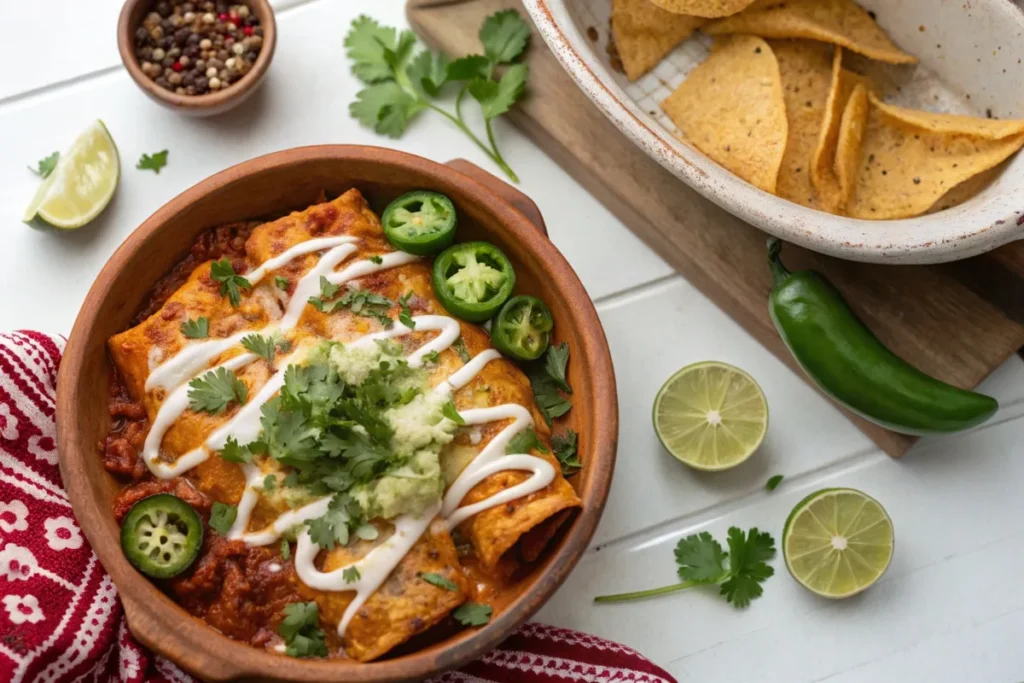 Delicious homemade enchiladas covered in melted cheese, fresh cilantro, and sour cream, served in a rustic Mexican dish.