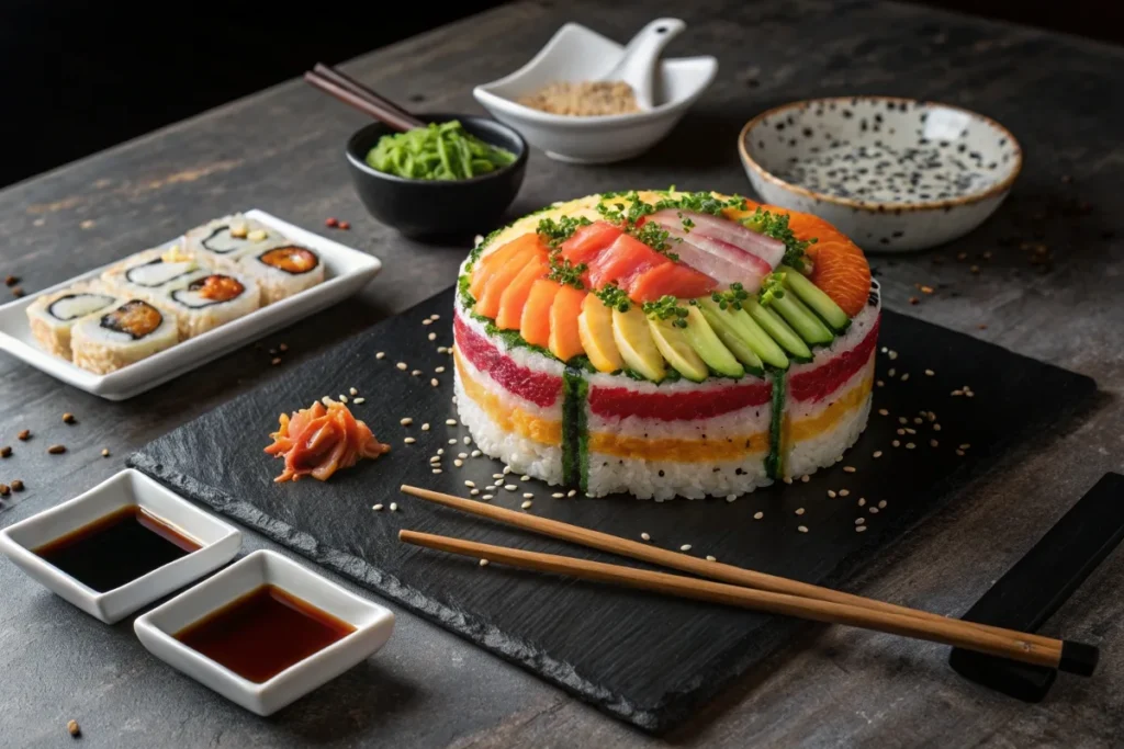 A beautifully layered sushi cake with fresh toppings, served with sushi rolls and dipping sauces in a modern setting.