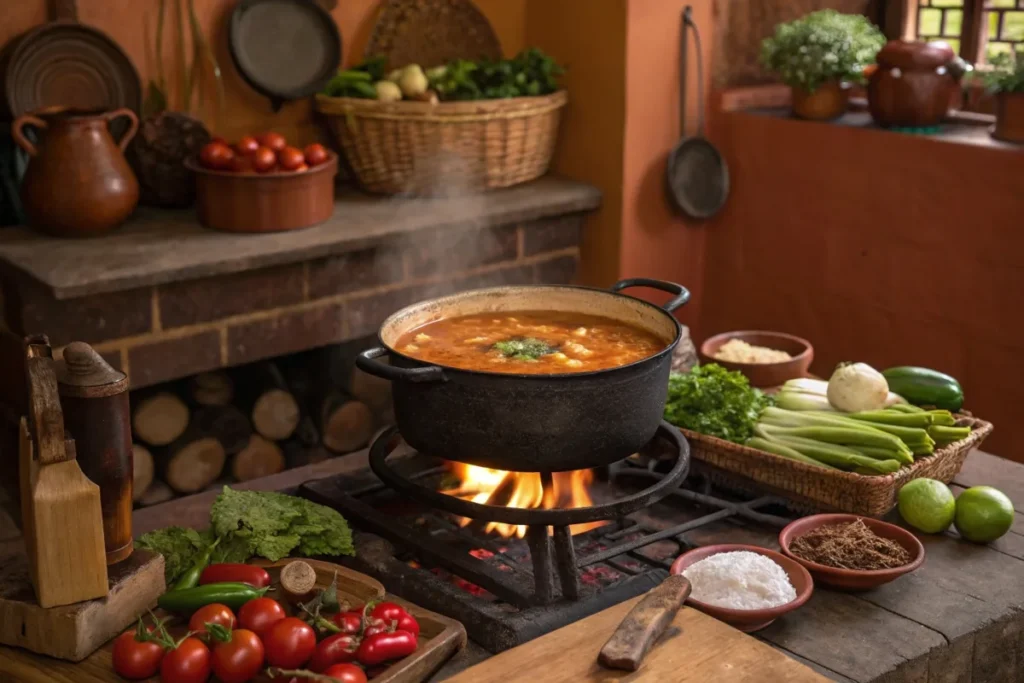 Traditional Mexican pot of caldo de pollo surrounded by fresh ingredients.