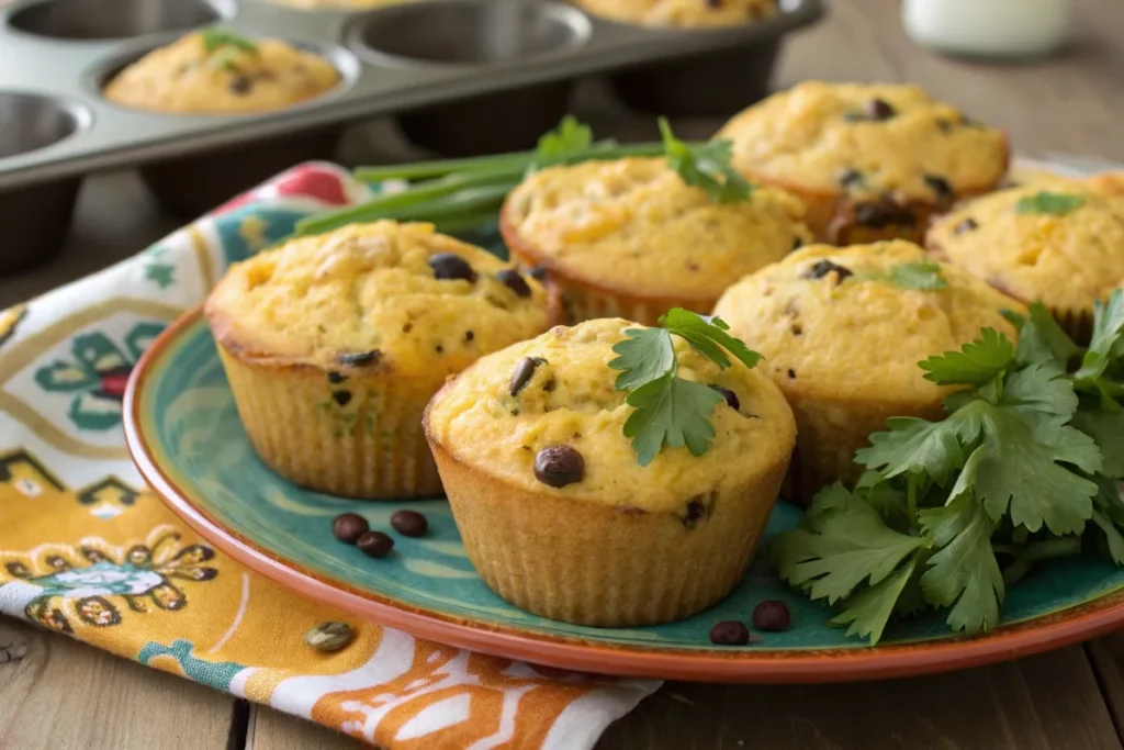 High-protein cornbread muffins with cheese and black beans on a colorful plate.