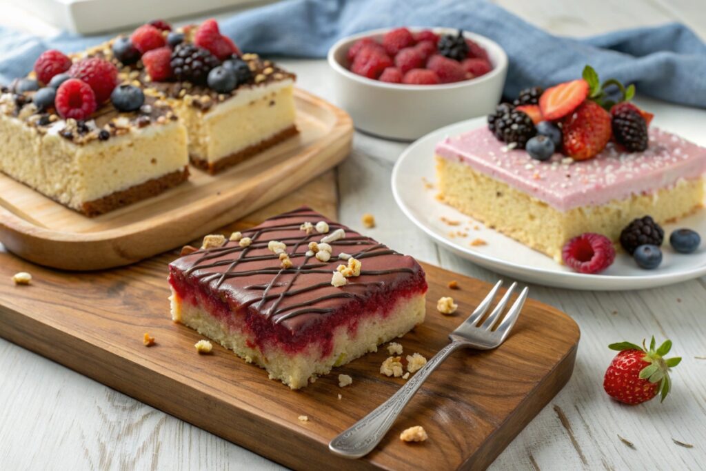  Different variations of kefir sheet cake with chocolate, berries, and nuts, served on a wooden board.