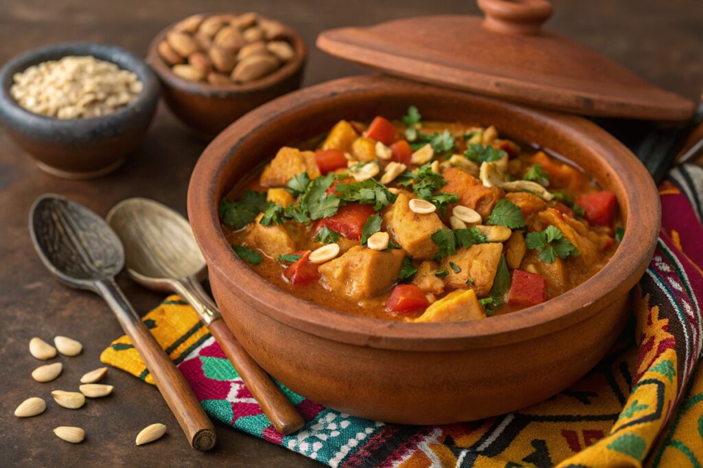 African peanut stew in a clay pot with chicken, vegetables, and crushed peanuts.