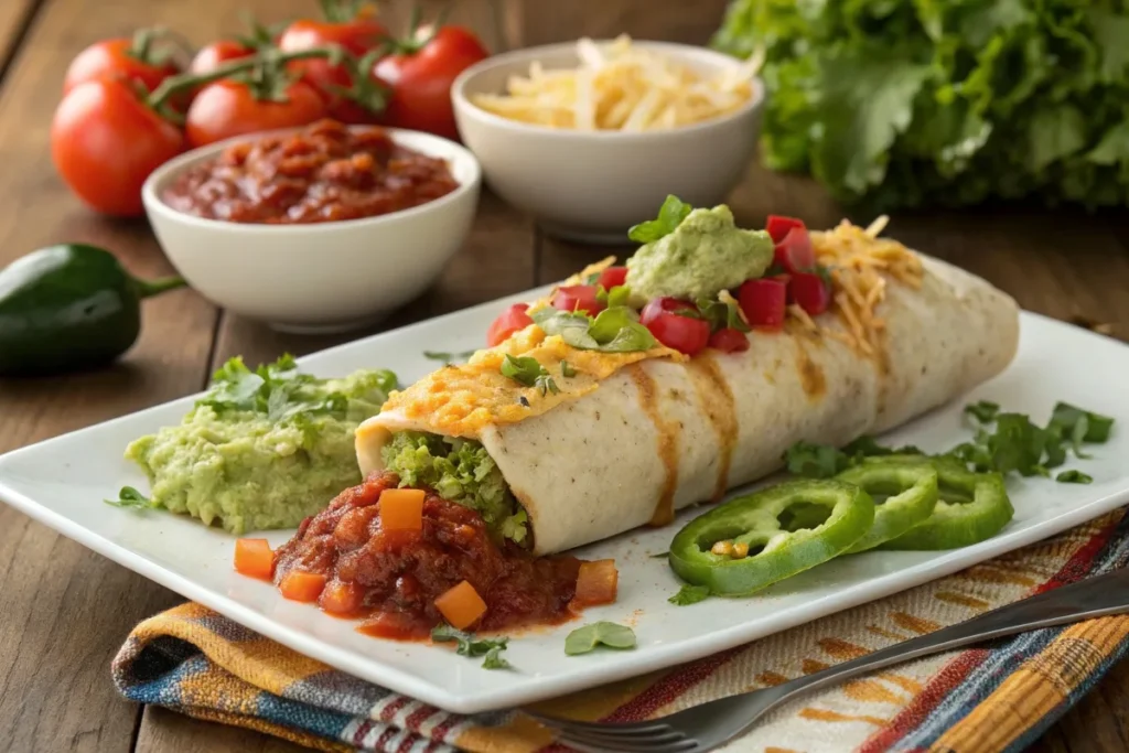 Plated frozen burrito topped with melted cheese, guacamole, and salsa, surrounded by fresh ingredients.