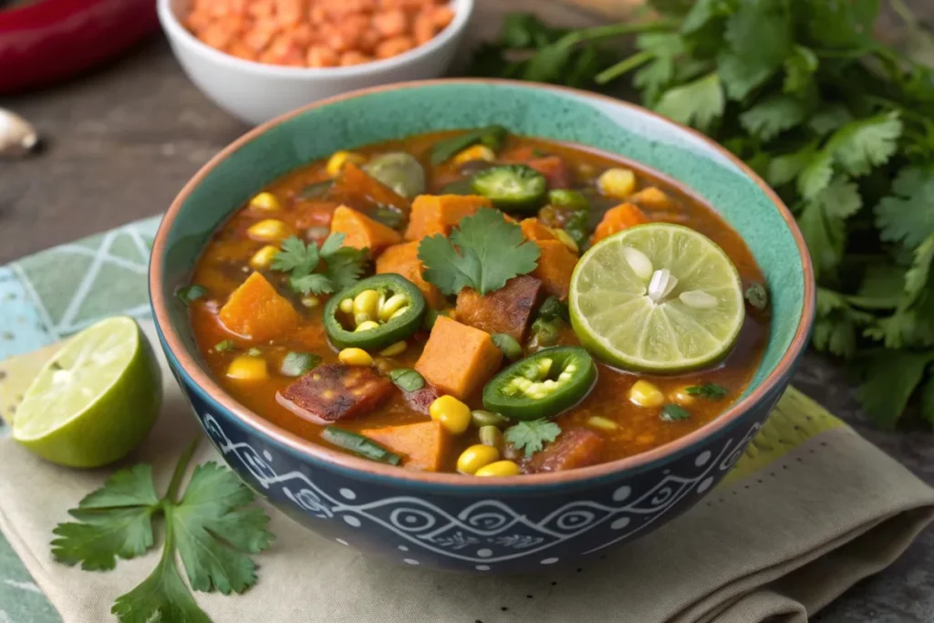 A bowl of swamp soup with sweet potatoes, jalapeños, and corn, garnished with cilantro.