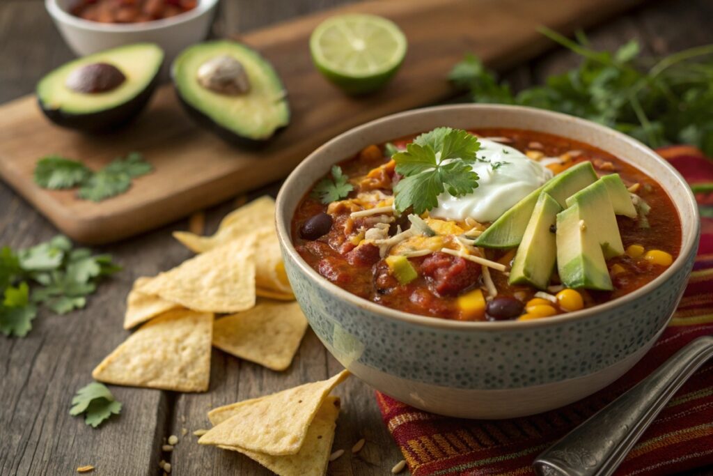 A colorful bowl of taco soup garnished with sour cream, cheese, avocado, and cilantro, served with tortilla chips.