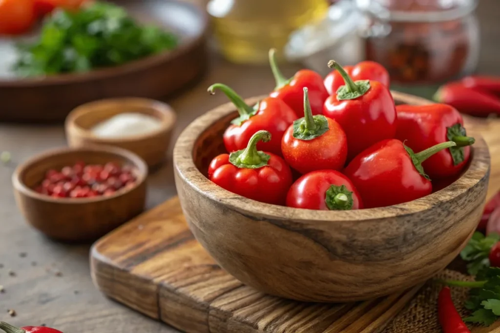 Fresh Peppadew peppers in a wooden bowl on a rustic kitchen counter.