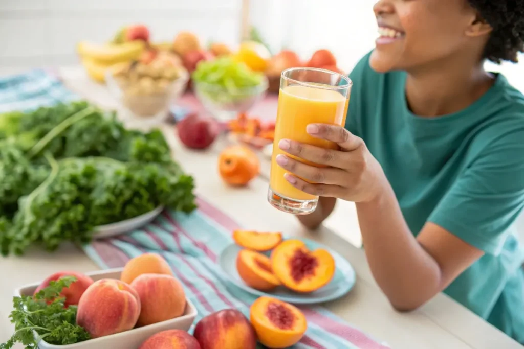 A person holding a glass of peach juice with healthy ingredients in the background.