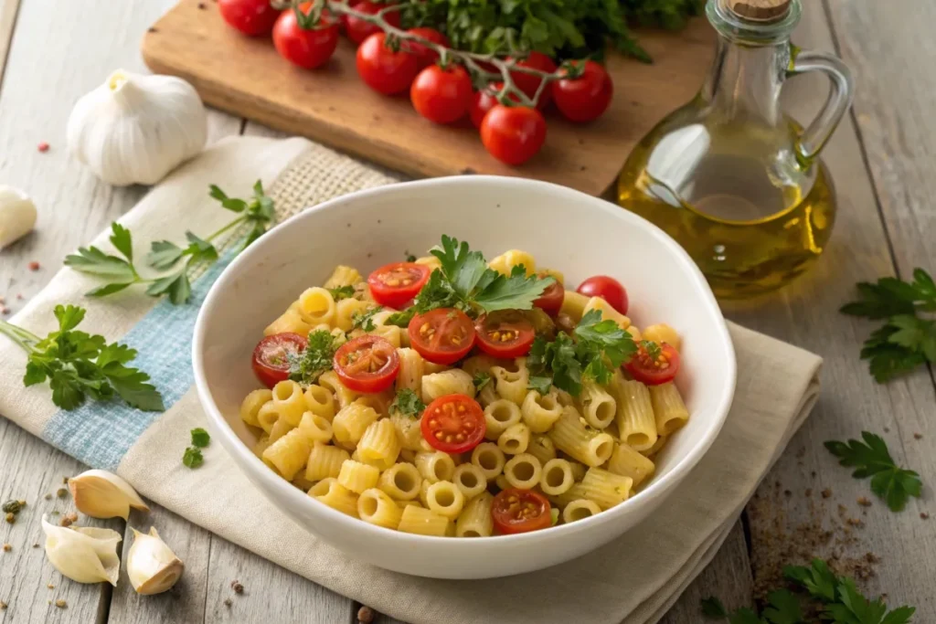 A bowl of cooked ditalini pasta garnished with parsley, cherry tomatoes, and olive oil.