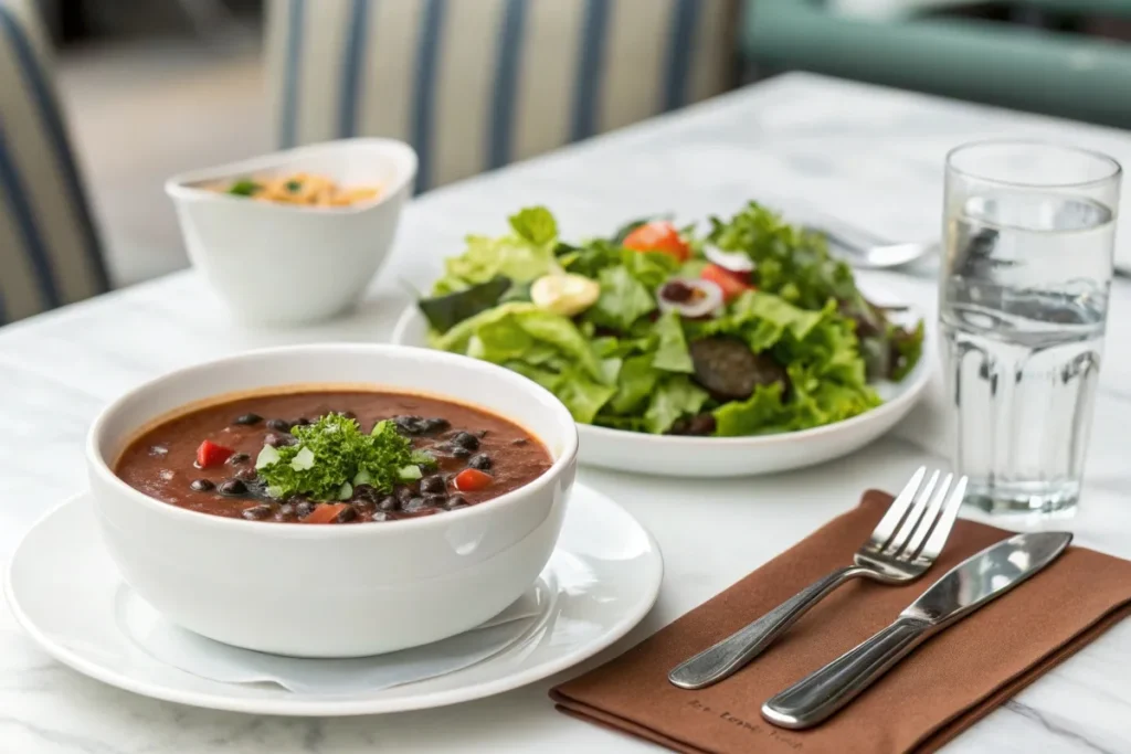 Black bean soup served with a fresh salad and water for a balanced and healthy meal.