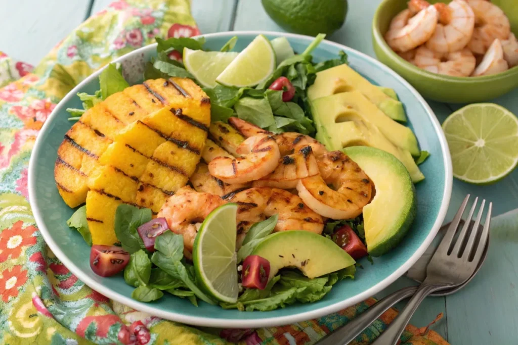 Grilled pineapple salad with shrimp, avocado, and tangy vinaigrette.