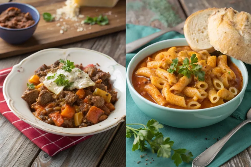 Beefaroni and Hungarian goulash served side by side, highlighting their distinct looks and ingredients.