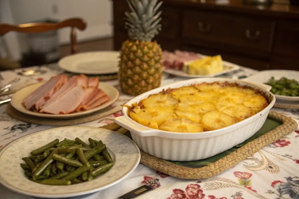 Pineapple casserole on a vintage Southern dining table with classic sides.