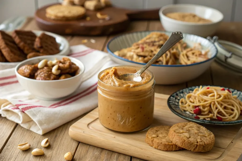 Jar of peanut butter with cookies, noodles, and satay skewers on a wooden countertop.