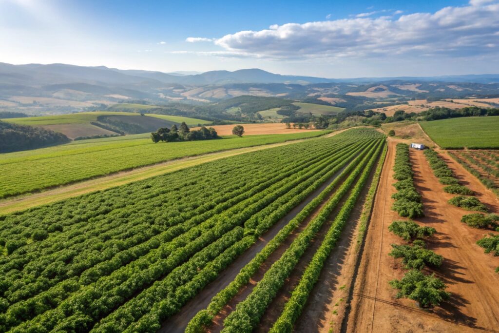 South African farm with rows of piquante pepper plants under a sunny sky.