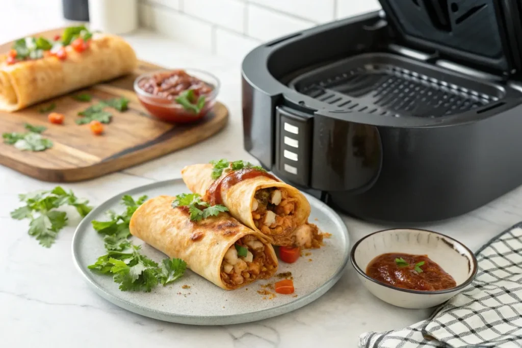 Golden-brown burrito crisped in an air fryer, garnished with cilantro and enchilada sauce.