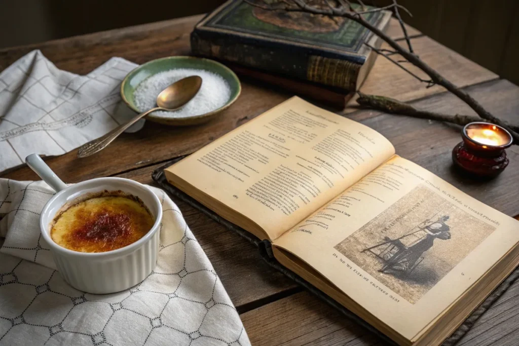 Antique French cookbook with crème brûlée illustration and a ramekin of the dessert.