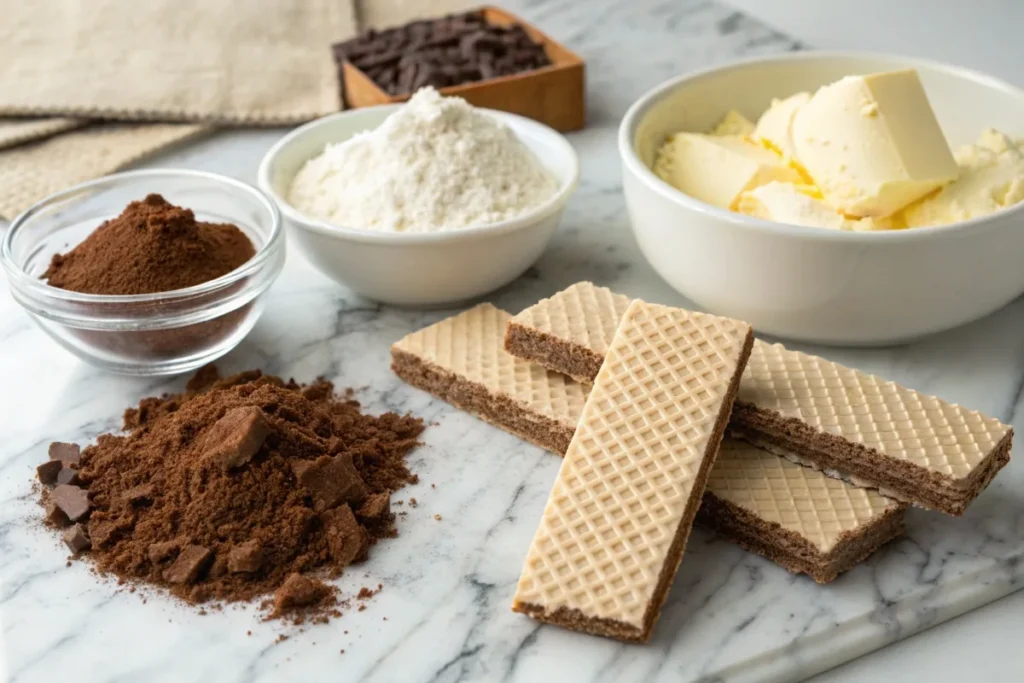 Key ingredients of chocolate wafers, including cocoa powder, sugar, flour, and butter.