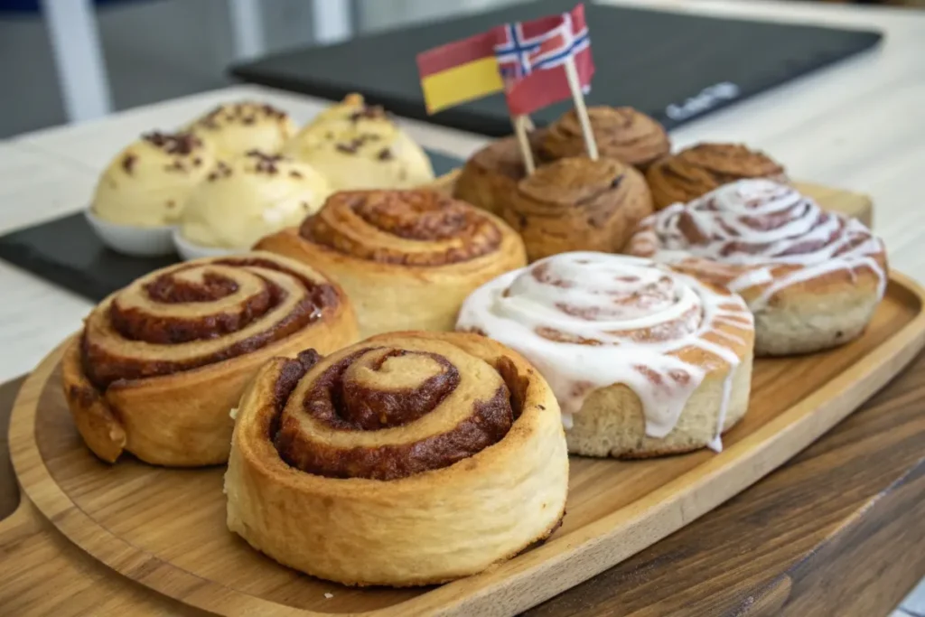 Assorted cinnamon rolls from Sweden and America on a wooden platter.