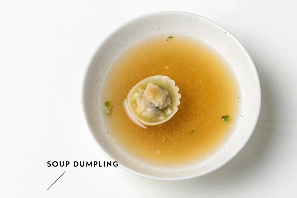 Cross-section of soup dumpling showing gelatin transforming into soup during steaming.