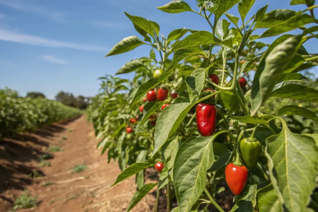 Peppadew peppers growing on a plant in South Africa.