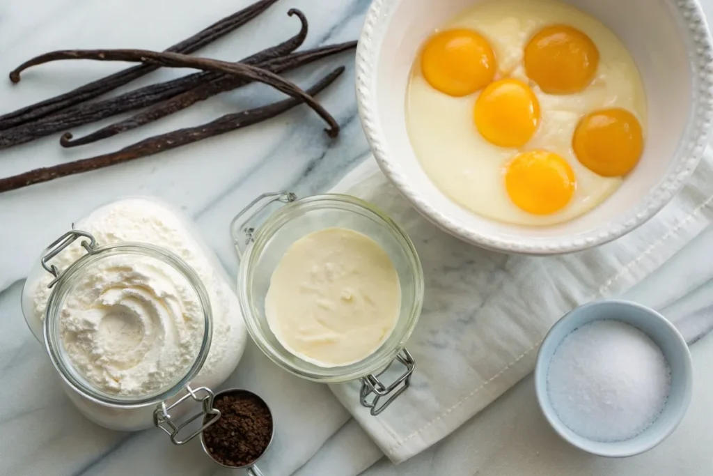 Key ingredients for crème brûlée, including cream, egg yolks, sugar, and vanilla pods.