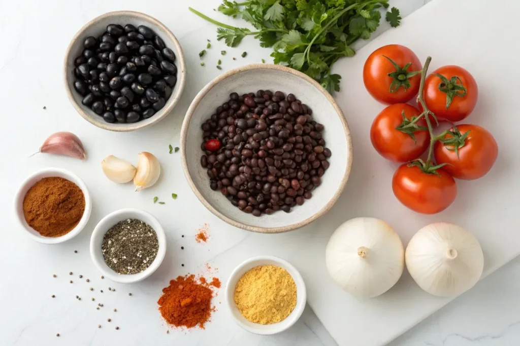 Key ingredients for black bean soup, including black beans, onions, garlic, tomatoes, and spices.