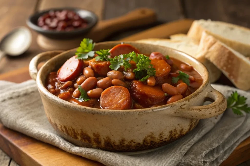 A delicious bowl of beanie weenies with sliced hot dogs, served on a wooden table with a rustic and cozy background.