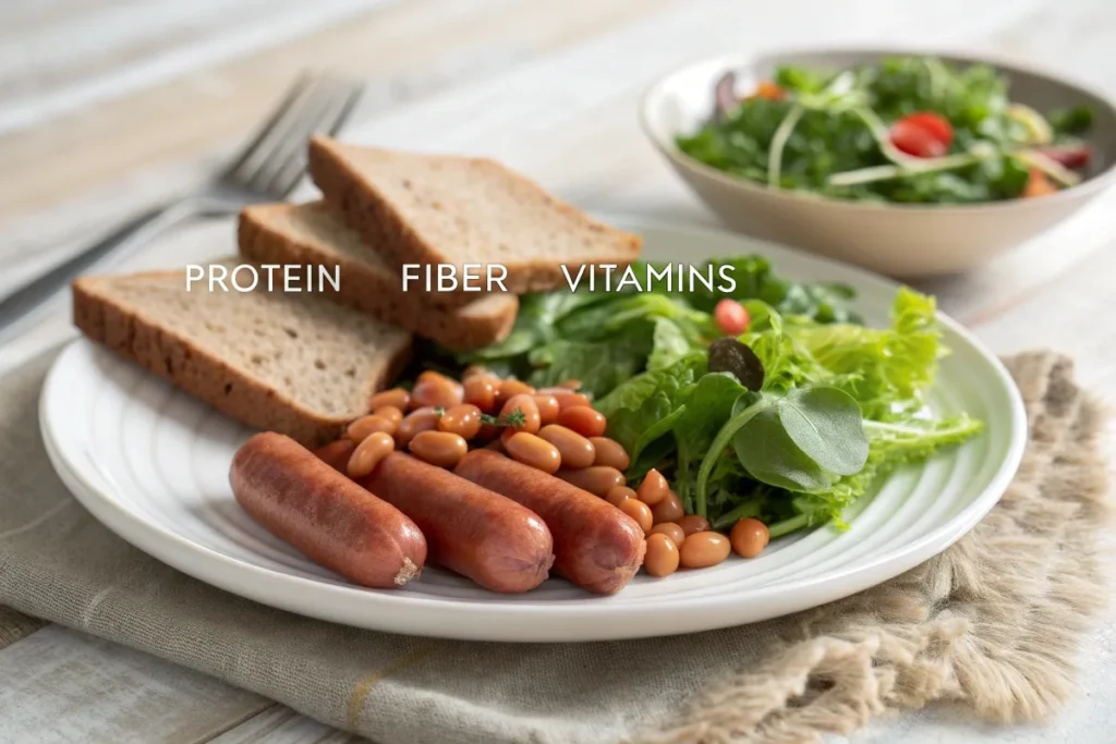 A healthy plate of beanie weenies with lean turkey hot dogs, low-sodium beans, a fresh salad, and whole-grain toast.