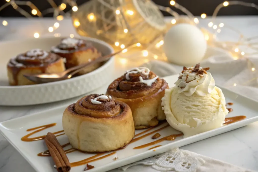 Cinnamon rolls with caramel and ice cream on a dessert plate.