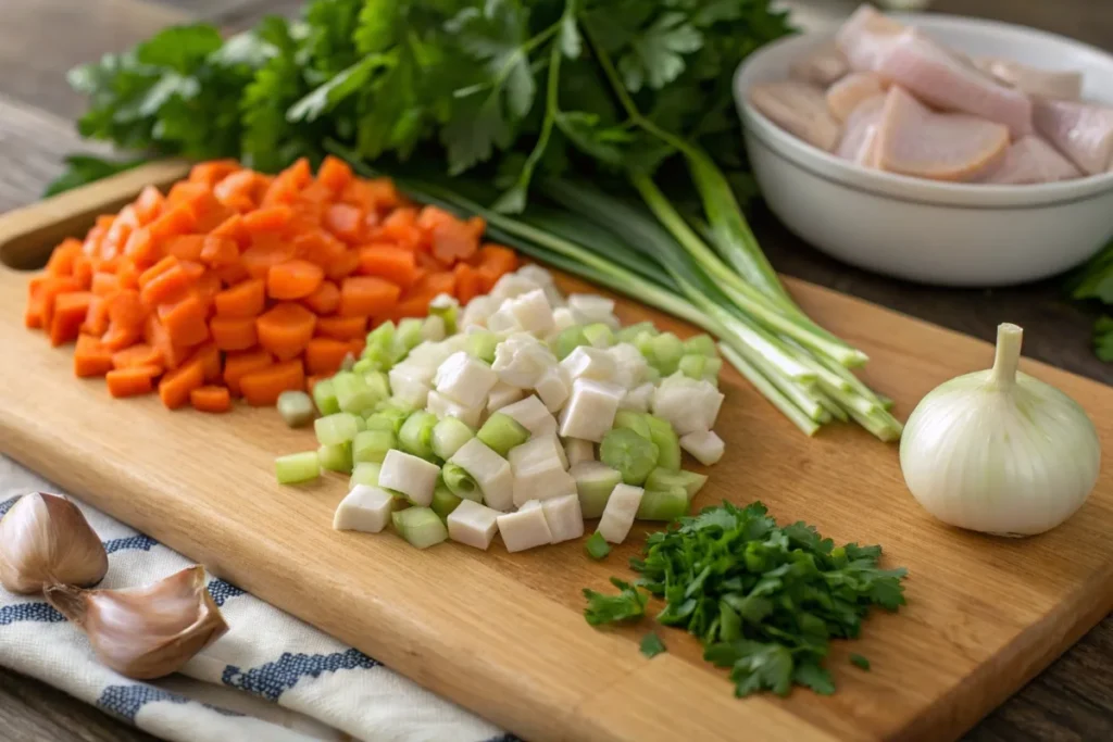 Fresh ingredients for caldo de pollo, including carrots, celery, onions, and chicken, on a cutting board.