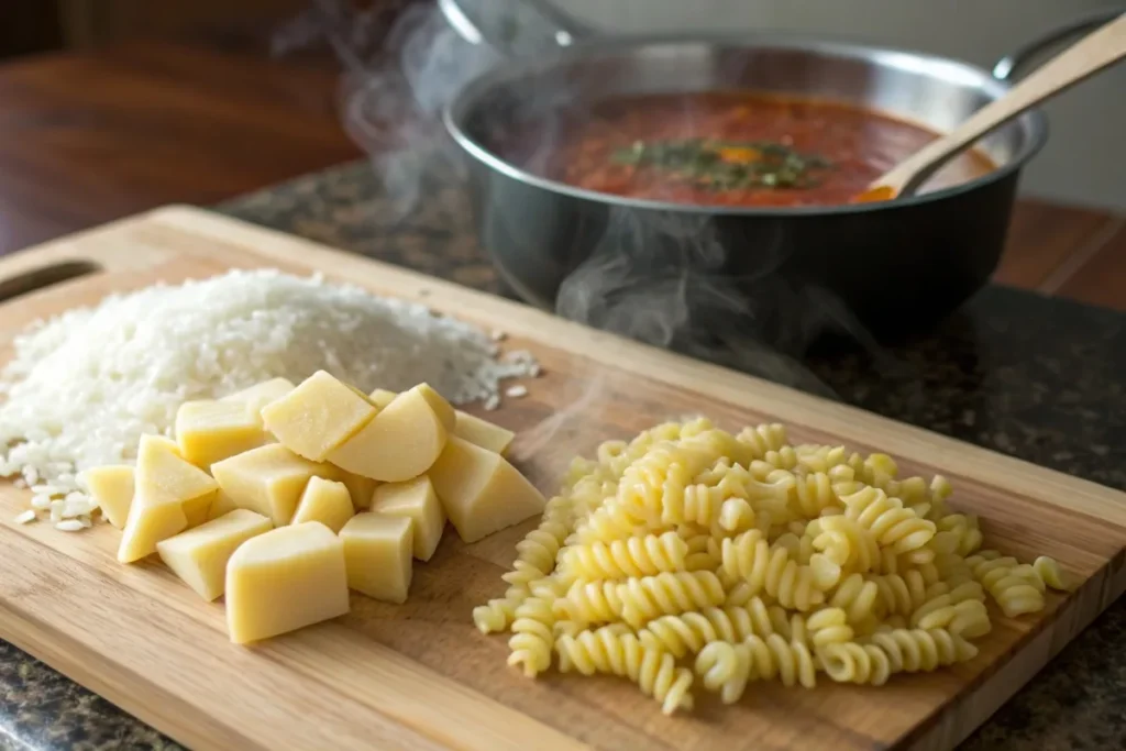 Diced potatoes, cooked rice, and pasta near a pot of soup as natural thickeners.