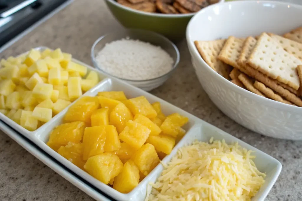 Ingredients for pineapple casserole: pineapple chunks, shredded cheese, crackers, and sugar.