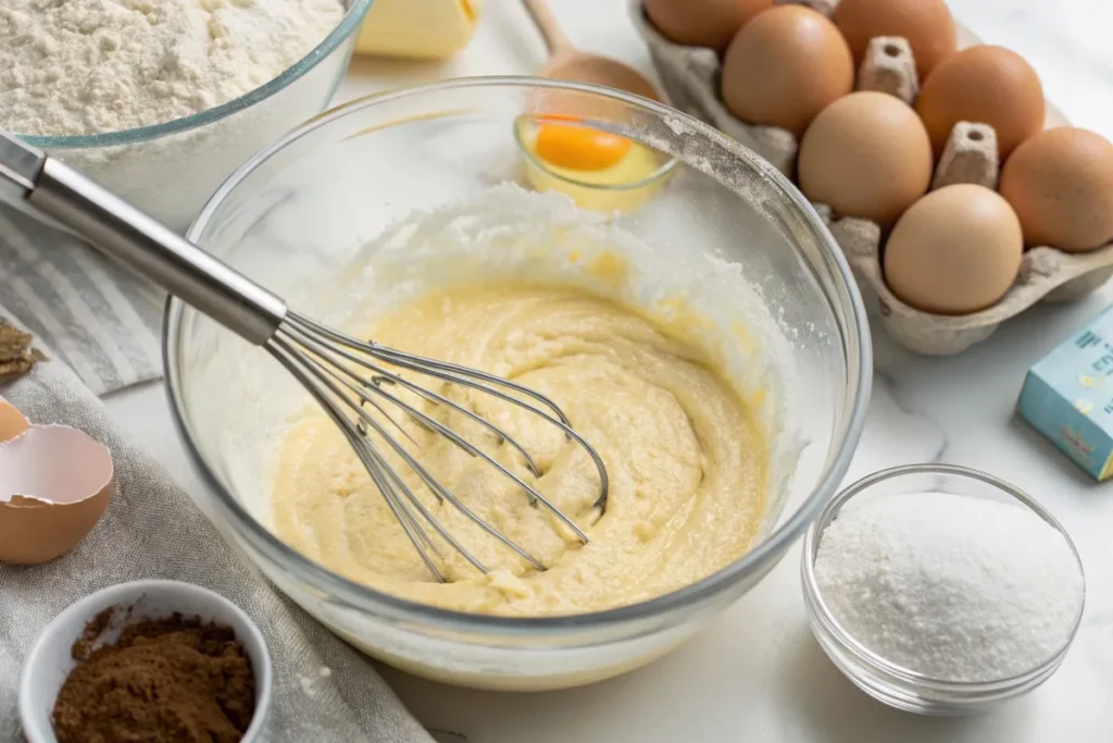 Overmixed pancake batter in a bowl with whisk and ingredients on a countertop.