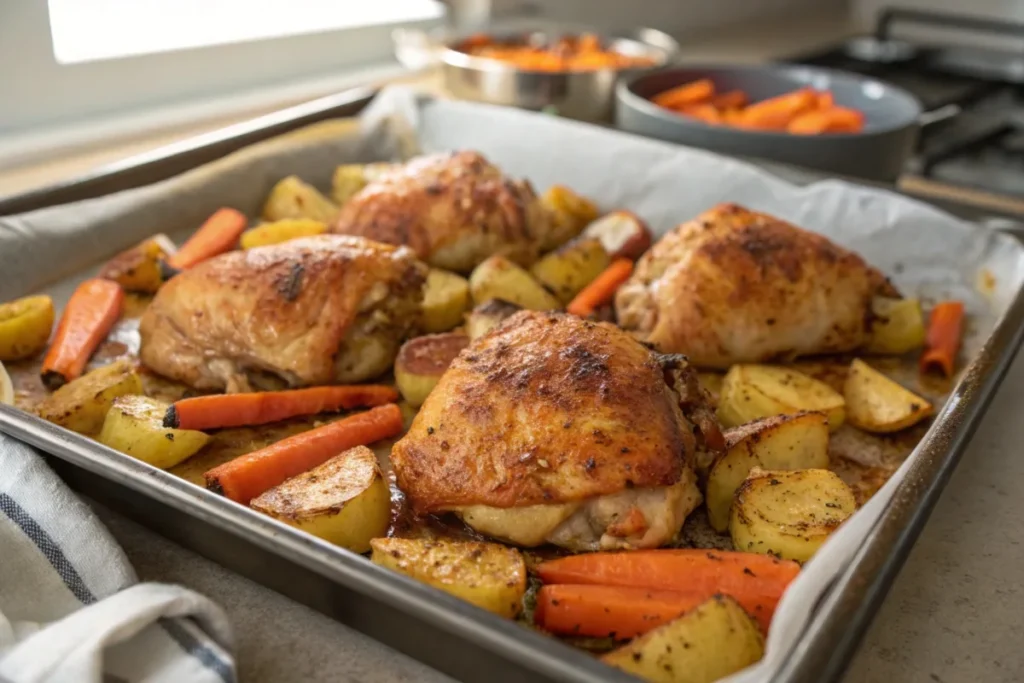 Baked chicken thighs with roasted vegetables on a sheet pan