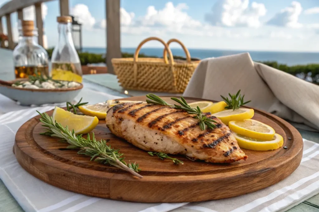 Grilled chicken with perfect grill marks, garnished with rosemary and lemon slices.