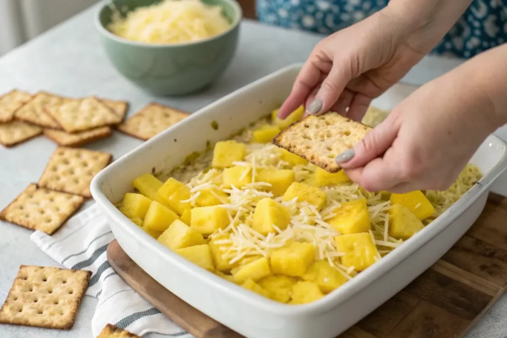 Hands preparing pineapple casserole by layering pineapple, cheese, and cracker topping.