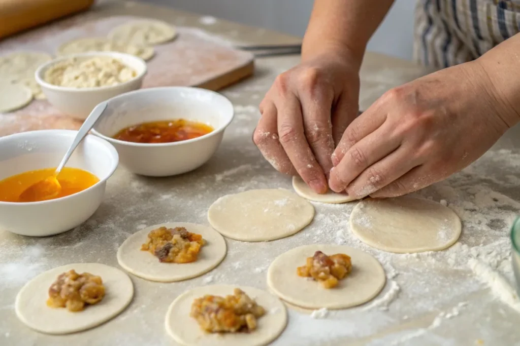 Hands rolling dough for vegetarian soup dumplings with filling and broth jelly on the side.