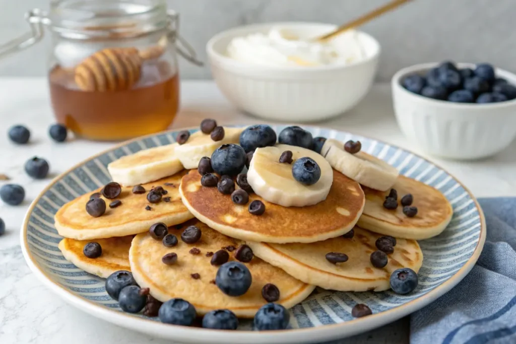 Mini pancakes with chocolate chips, bananas, and blueberries on a plate.