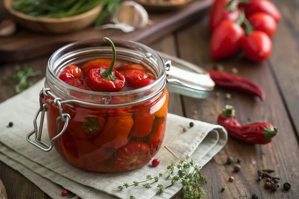 Close-up of vibrant red peppadew peppers in a glass jar with brine on a wooden table.